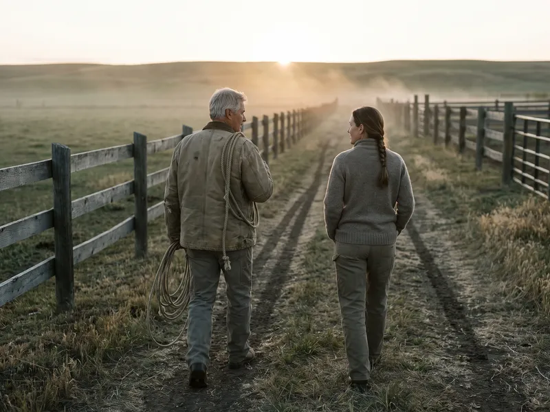 A man in his sixties with a coil of rope over his shoulder and a woman in her thirties walk side by side along a pasture fence line at first light, seen from behind.