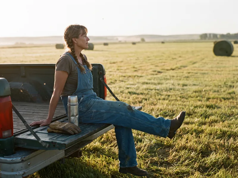 A rancher in her fifties sits on the dropped tailgate of an old pickup at the edge of a hayfield at first light, one leg stretched out, a thermos and work gloves beside her.