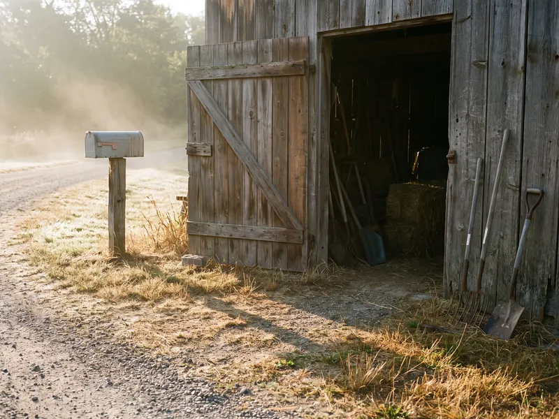 A weathered barn door stands half open at first light beside a metal mailbox on a post, with a gravel lane running past.