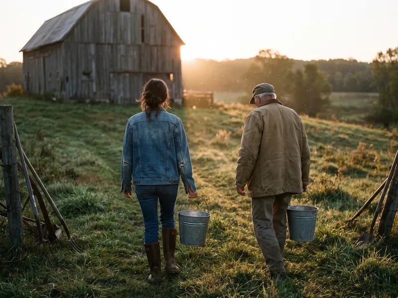 A young woman and an older farmer walk side by side toward a weathered barn at sunrise, each carrying a bucket.