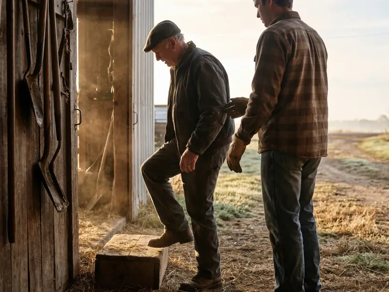 In a barn doorway at first light, a man in his late sixties steps up onto a low wooden block while a younger man stands beside him, one hand ready near his elbow.