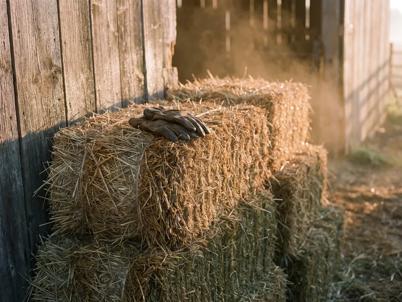 A neat stack of square straw bales against a weathered plank wall, a pair of leather work gloves resting on the top bale, in early light.