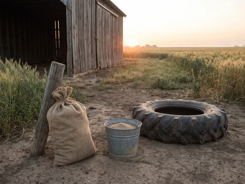 A short fence post, a burlap feed sack, a galvanized bucket of sand, and an old tractor tire on packed dirt outside a machine shed.