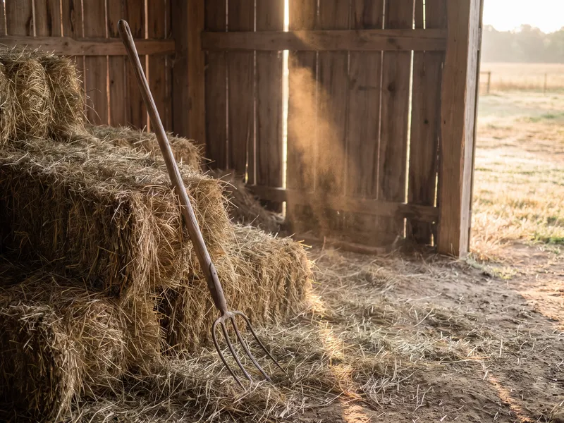 A worn wooden pitchfork leans against a stack of loose hay inside an open barn, dust drifting in the morning light.