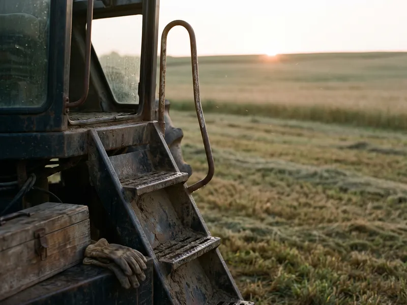 The steel steps and grab handle of an old tractor cab, dew on the treads, a mown field behind.