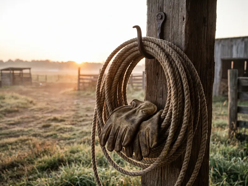 A coil of hemp rope hangs from an iron hook on a weathered barn post, worn leather work gloves tucked into the coil.