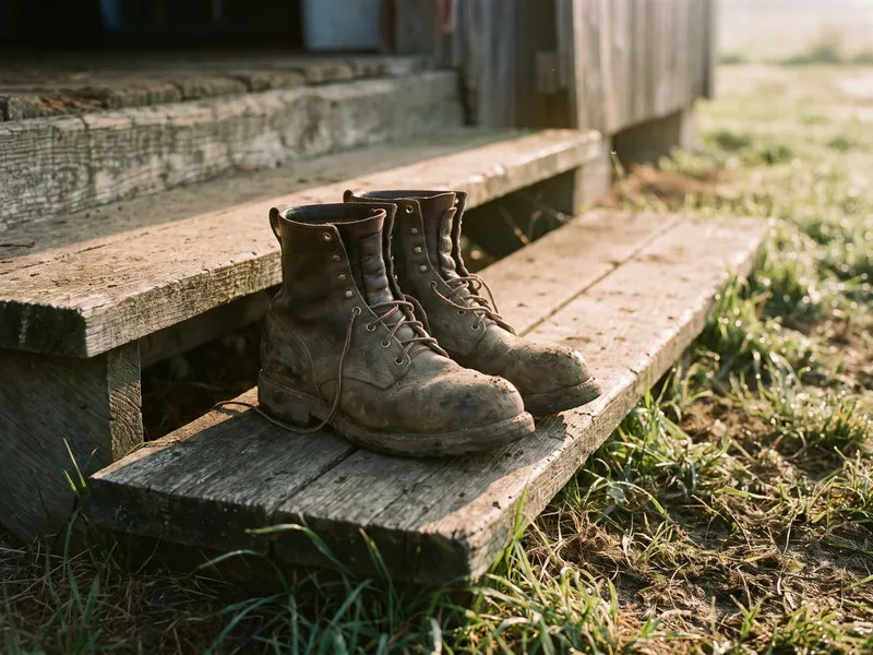 A pair of worn, muddy leather work boots stands side by side on a weathered wooden barn step, dew on the grass beside it.