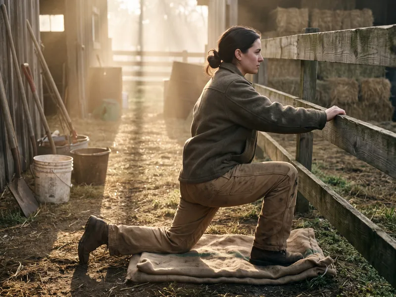 A farmer kneels on a folded feed sack in a half-kneeling stretch, one hand on a wooden fence rail inside the barn.