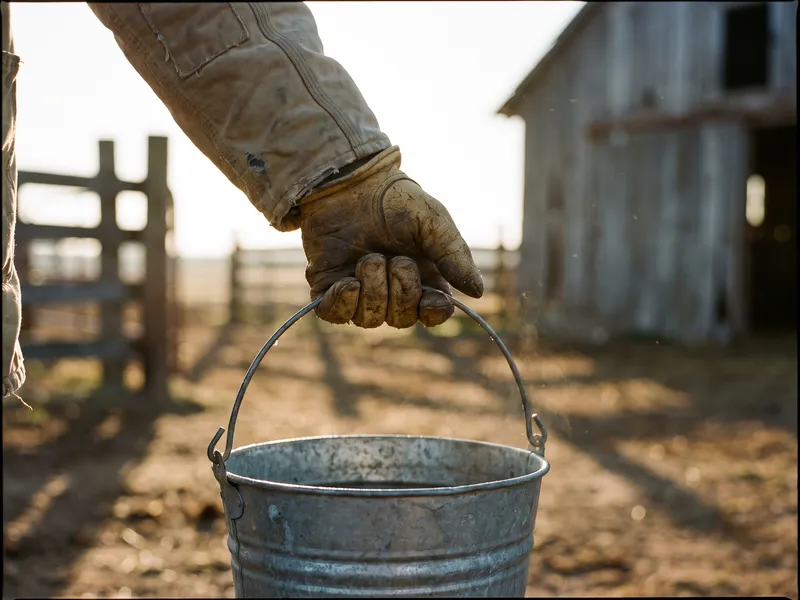 A worn work glove grips the wire handle of a galvanized bucket in a barnyard at first light.