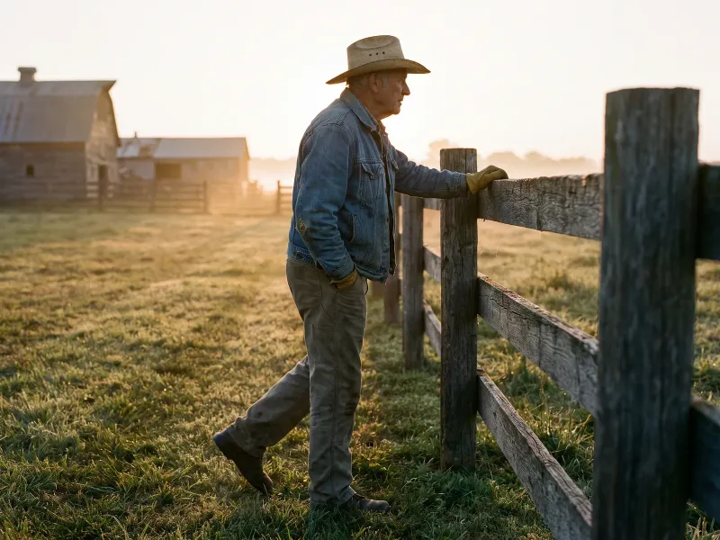An older rancher in a straw hat and denim jacket holds the top rail of a weathered fence and swings one leg forward in a slow balance drill at first light.