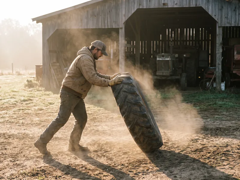 A young farmer in a cap and canvas jacket, seen in profile, tips a large tractor tire over in a dusty yard beside an open machine shed.