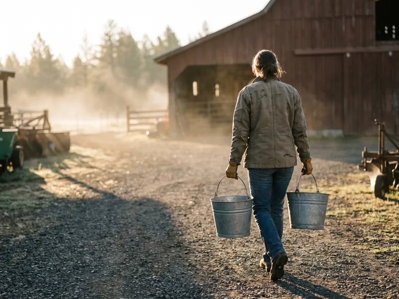 A rancher in a canvas work jacket walks away across a gravel farmyard toward a red barn, a full galvanized bucket in each hand.