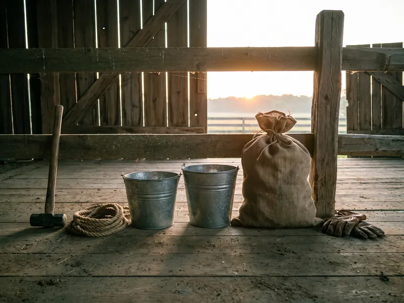 Two galvanized buckets, a sledgehammer, a coil of rope, a feed sack, and work gloves on a barn floor.