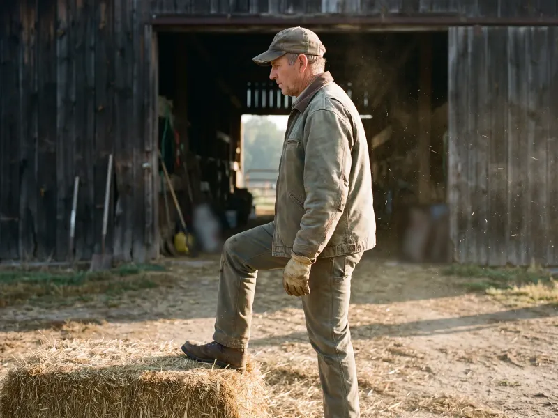 A farmer in a work jacket and gloves steps one boot up onto a hay bale outside the barn.